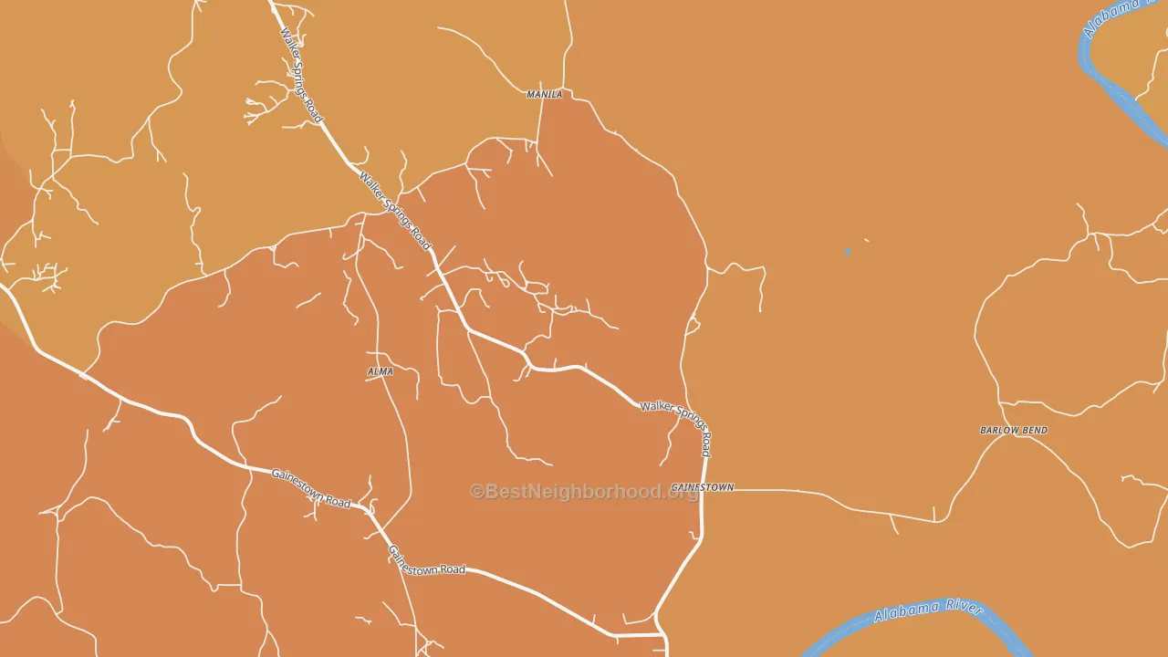 Map of the best neighborhoods in the 36540 area, with better matches in green and worse matches in red