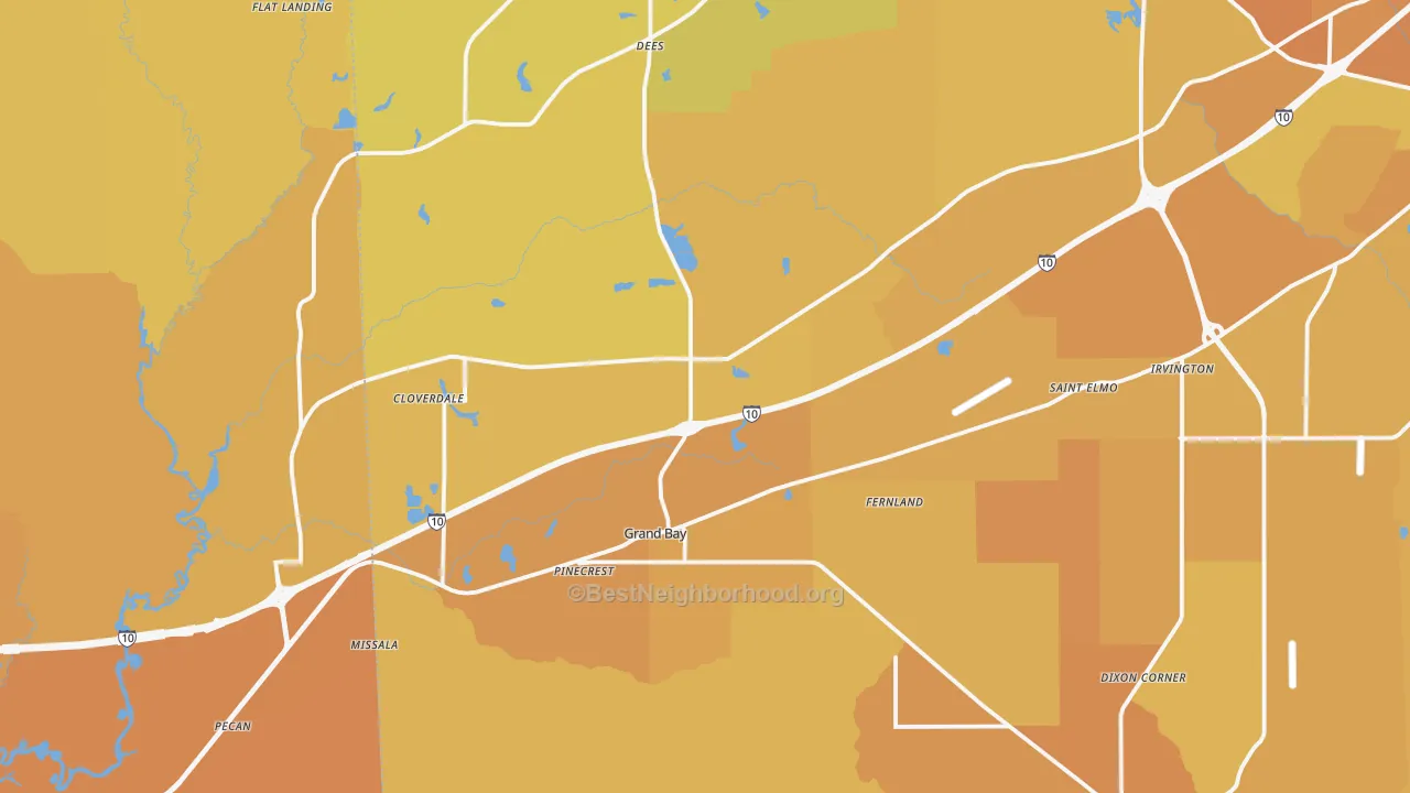 Map of the best neighborhoods in the 36541 area, with better matches in green and worse matches in red