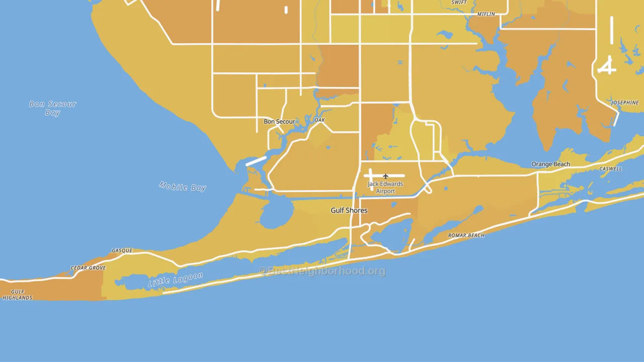 Map of the best neighborhoods in the 36542 area, with better matches in green and worse matches in red