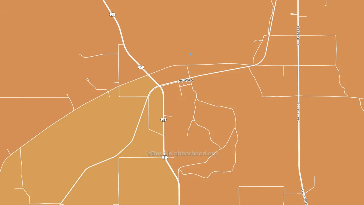 Map of the best neighborhoods in the 36543 area, with better matches in green and worse matches in red