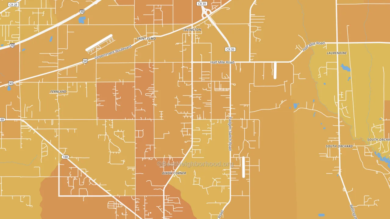 Map of the best neighborhoods in the 36544 area, with better matches in green and worse matches in red