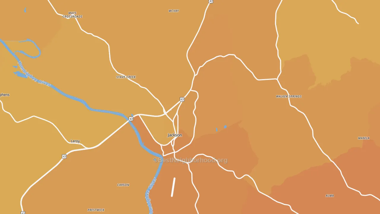 Map of the best neighborhoods in the 36545 area, with better matches in green and worse matches in red