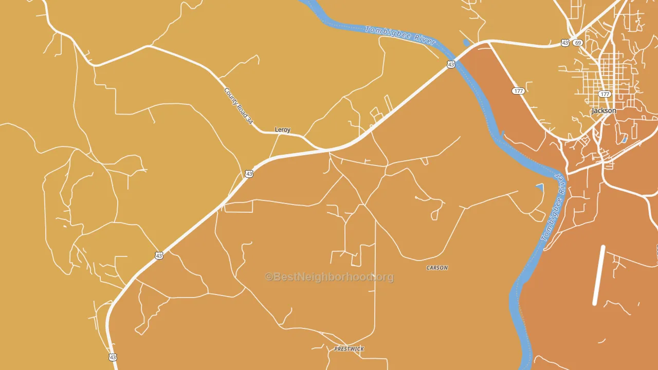 Map of the best neighborhoods in the 36548 area, with better matches in green and worse matches in red