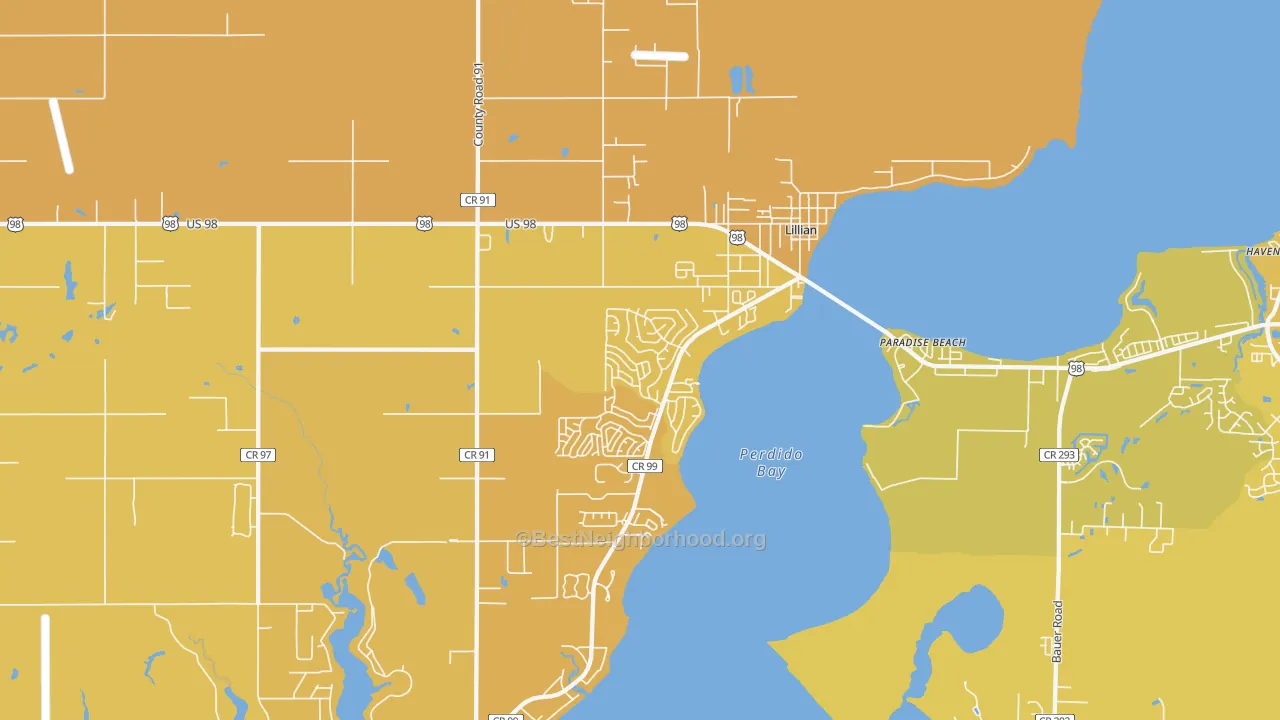 Map of the best neighborhoods in the 36549 area, with better matches in green and worse matches in red