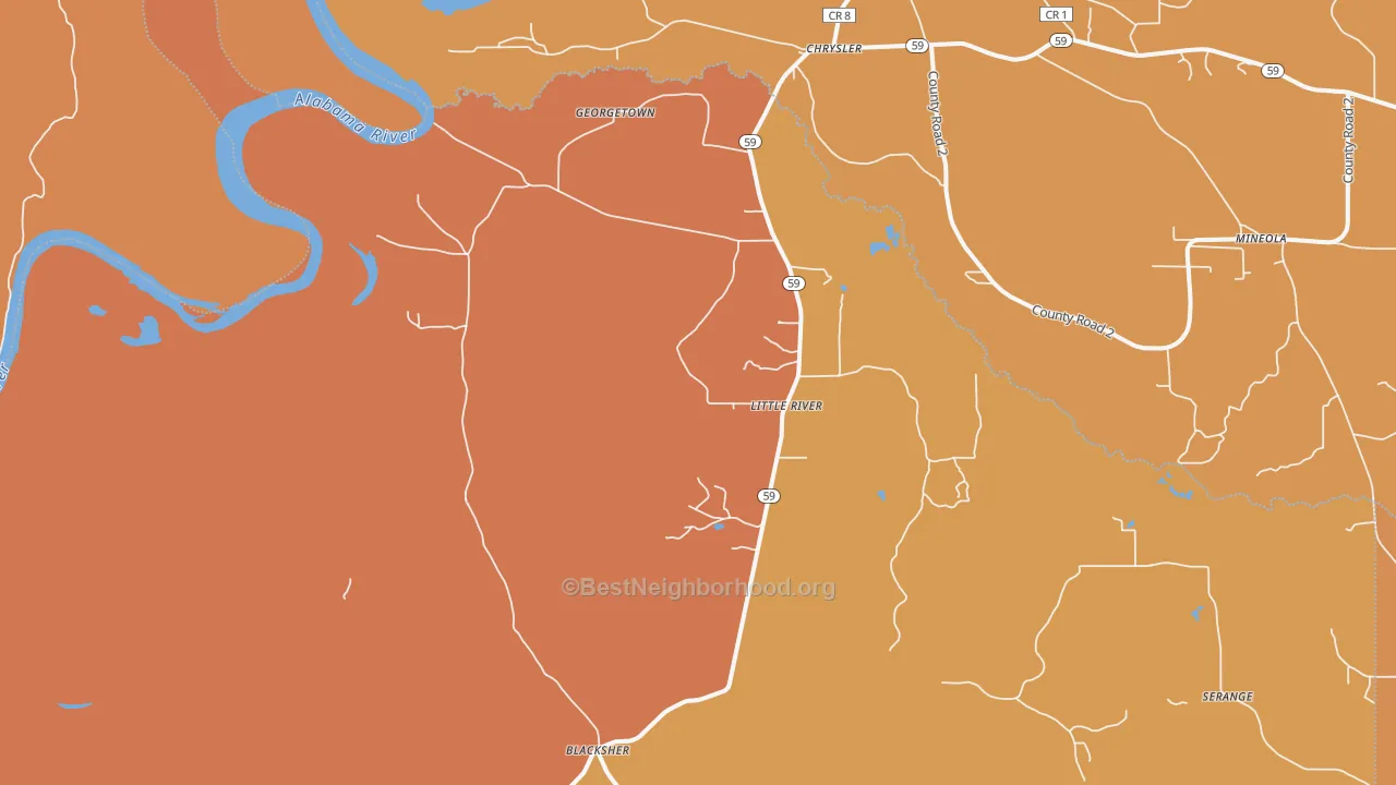 Map of the best neighborhoods in the 36550 area, with better matches in green and worse matches in red