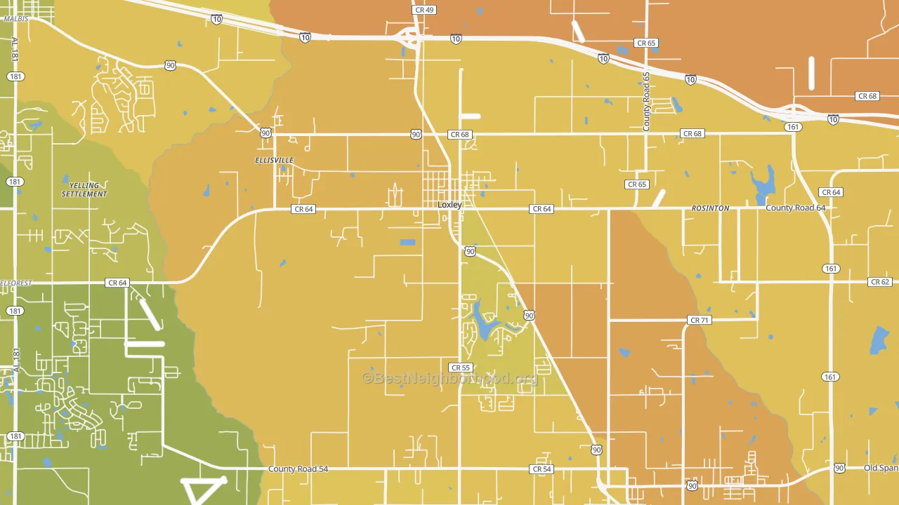 Map of the best neighborhoods in the 36551 area, with better matches in green and worse matches in red