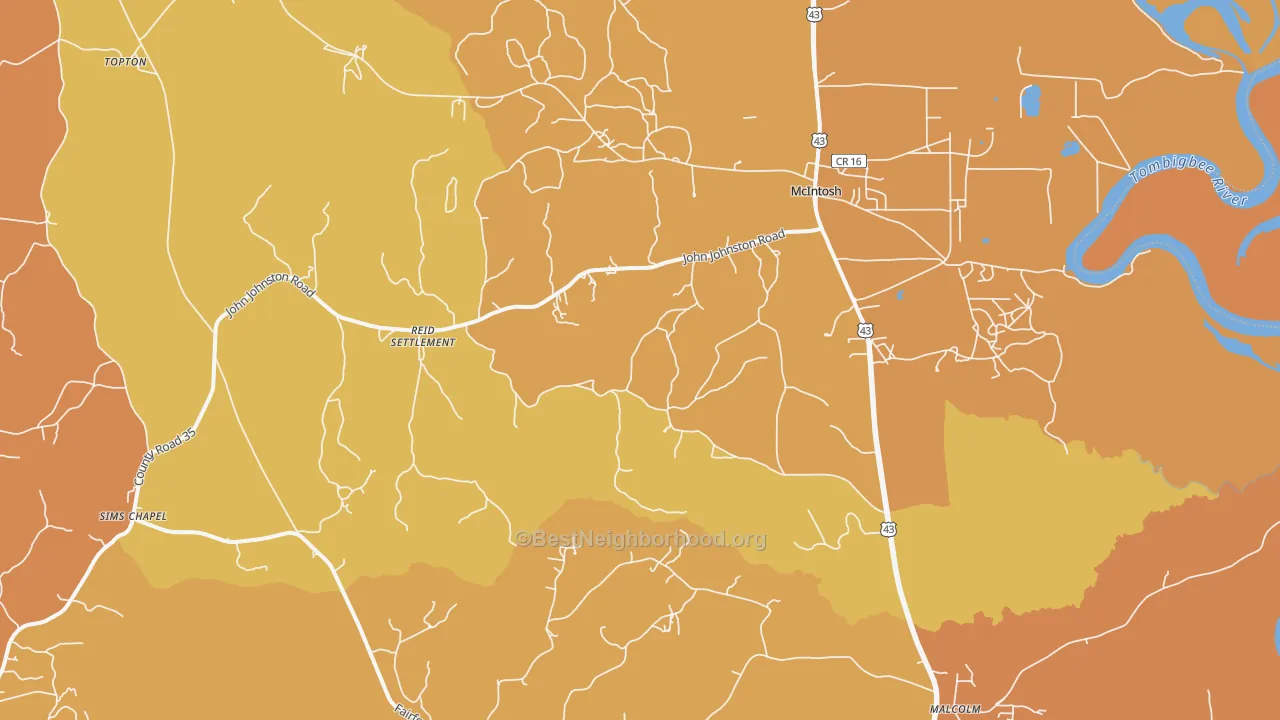Map of the best neighborhoods in the 36553 area, with better matches in green and worse matches in red