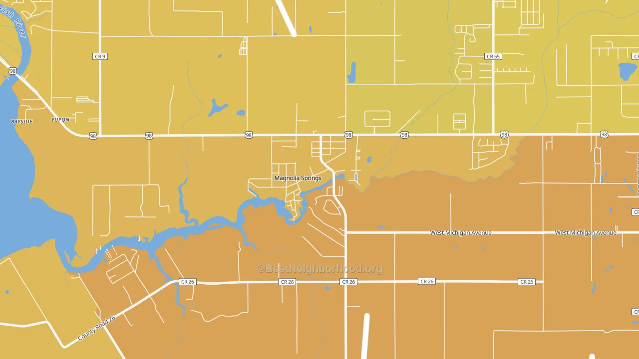 Map of the best neighborhoods in the 36555 area, with better matches in green and worse matches in red
