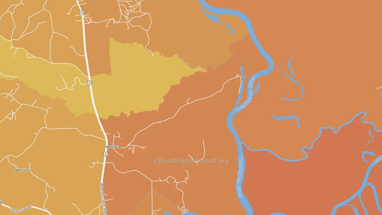 Map of the best neighborhoods in the 36556 area, with better matches in green and worse matches in red