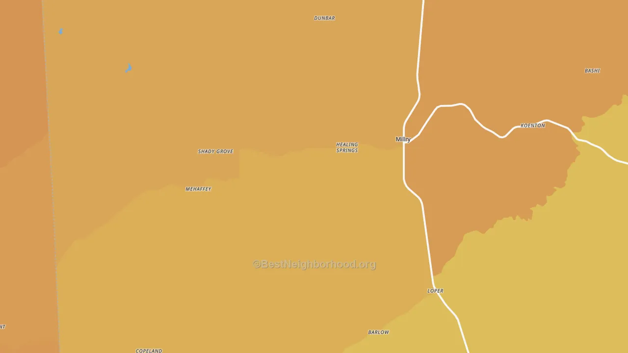 Map of the best neighborhoods in the 36558 area, with better matches in green and worse matches in red