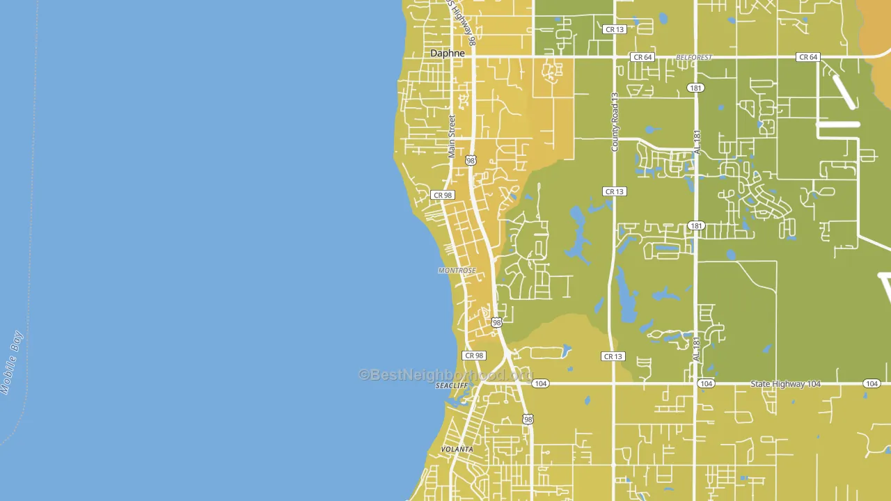 Map of the best neighborhoods in the 36559 area, with better matches in green and worse matches in red