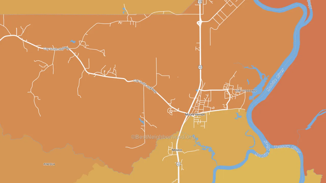 Map of the best neighborhoods in the 36560 area, with better matches in green and worse matches in red