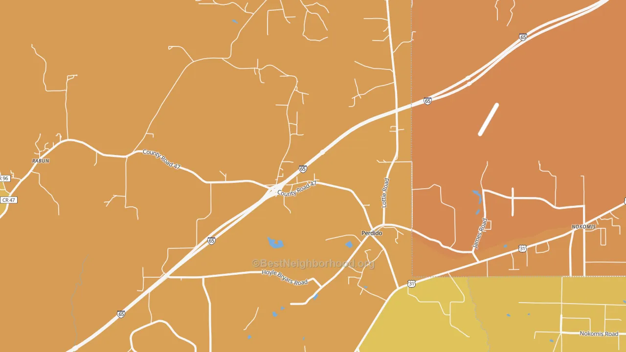 Map of the best neighborhoods in the 36562 area, with better matches in green and worse matches in red
