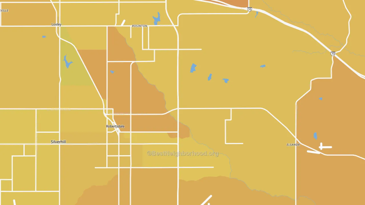 Map of the best neighborhoods in the 36567 area, with better matches in green and worse matches in red