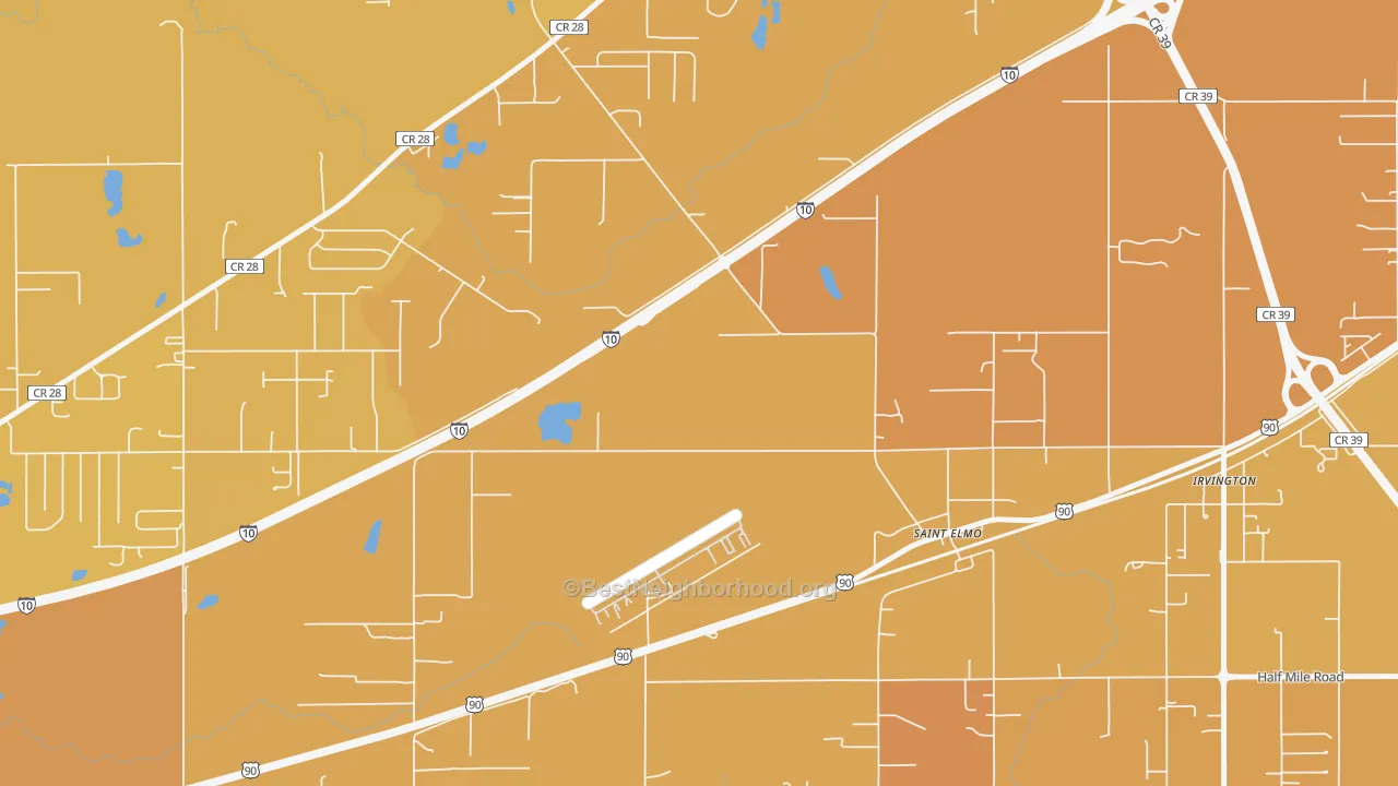 Map of the best neighborhoods in the 36568 area, with better matches in green and worse matches in red