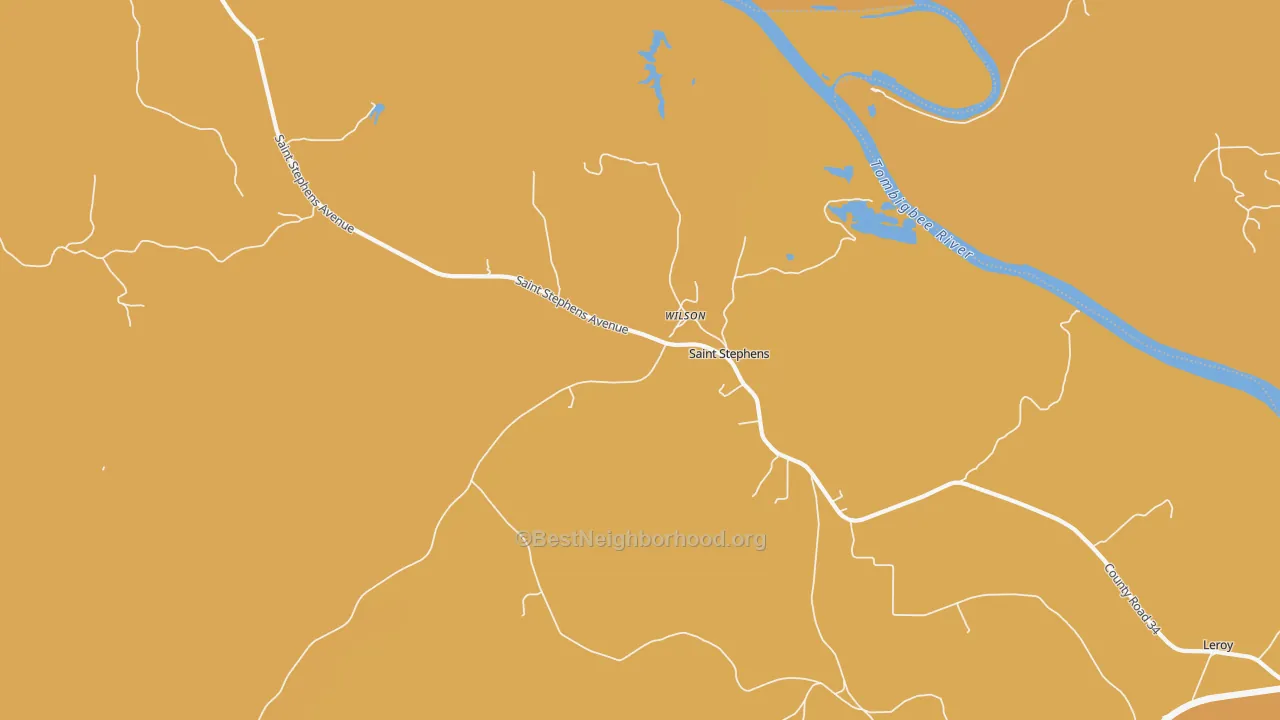 Map of the best neighborhoods in the 36569 area, with better matches in green and worse matches in red