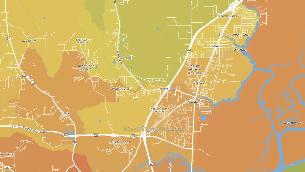 Map of the best neighborhoods in the 36571 area, with better matches in green and worse matches in red