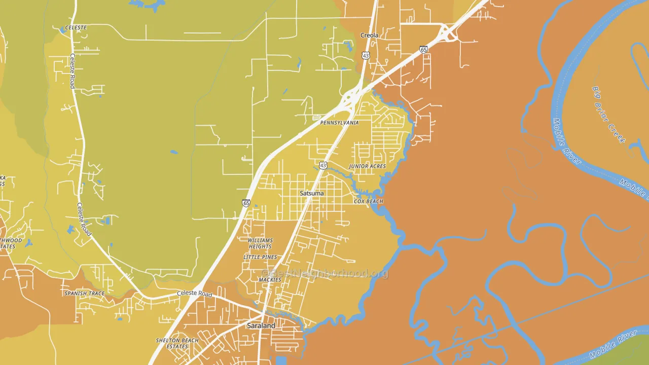 Map of the best neighborhoods in the 36572 area, with better matches in green and worse matches in red