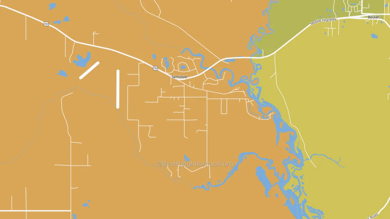 Map of the best neighborhoods in the 36574 area, with better matches in green and worse matches in red