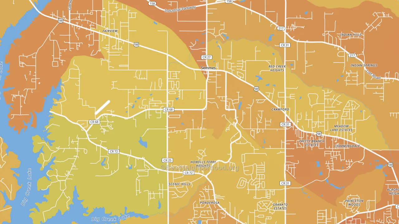 Map of the best neighborhoods in the 36575 area, with better matches in green and worse matches in red