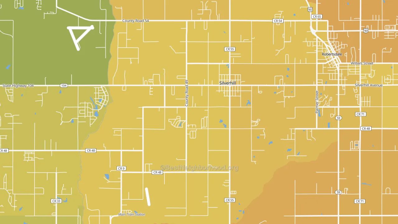 Map of the best neighborhoods in the 36576 area, with better matches in green and worse matches in red