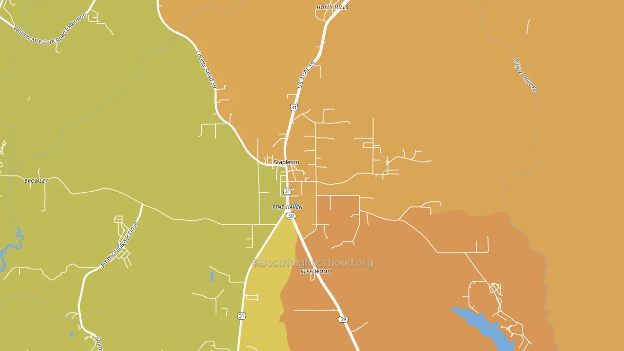 Map of the best neighborhoods in the 36578 area, with better matches in green and worse matches in red