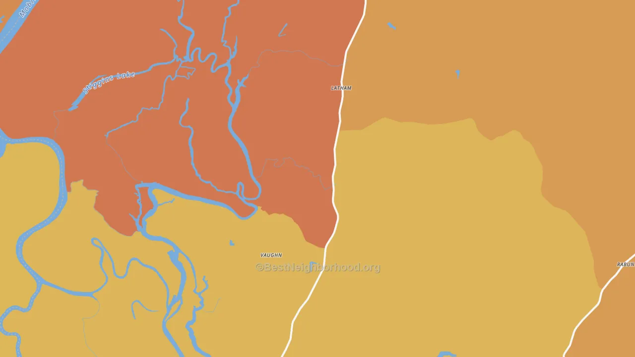 Map of the best neighborhoods in the 36579 area, with better matches in green and worse matches in red