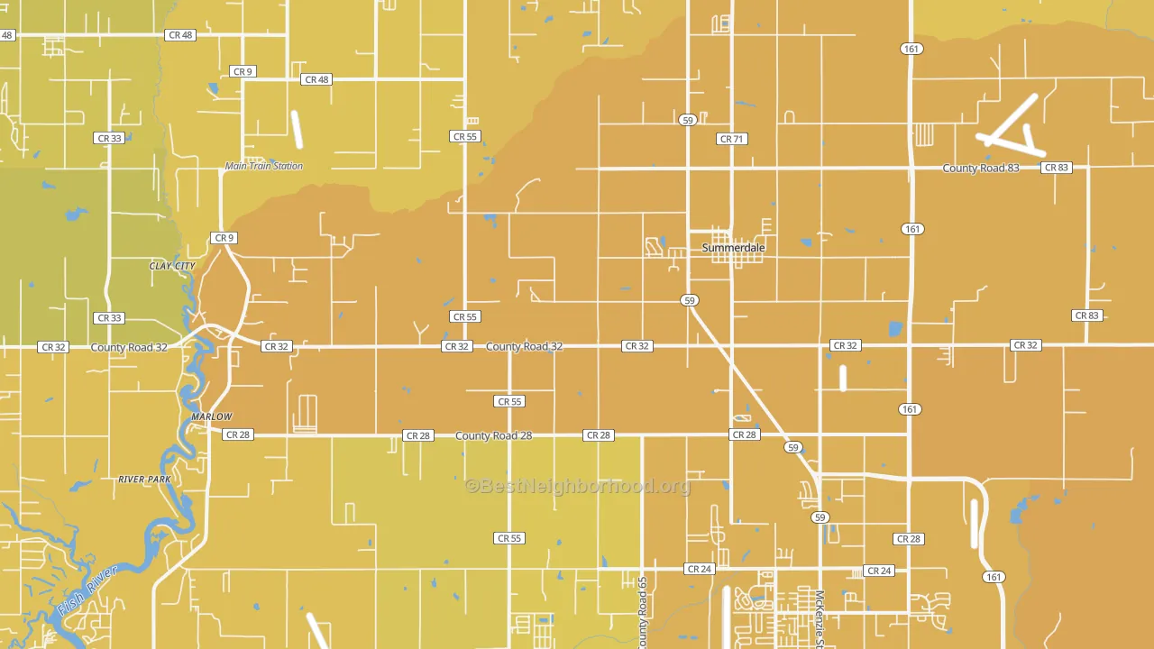 Map of the best neighborhoods in the 36580 area, with better matches in green and worse matches in red