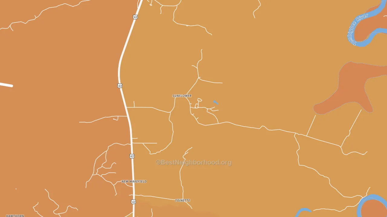 Map of the best neighborhoods in the 36581 area, with better matches in green and worse matches in red