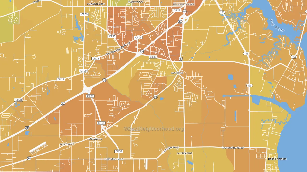 Map of the best neighborhoods in the 36582 area, with better matches in green and worse matches in red