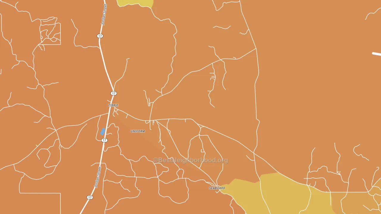 Map of the best neighborhoods in the 36583 area, with better matches in green and worse matches in red
