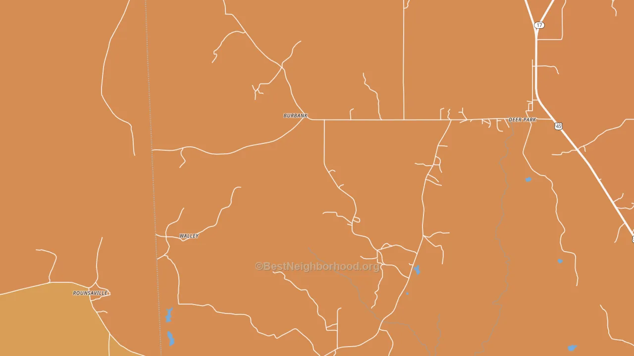 Map of the best neighborhoods in the 36584 area, with better matches in green and worse matches in red