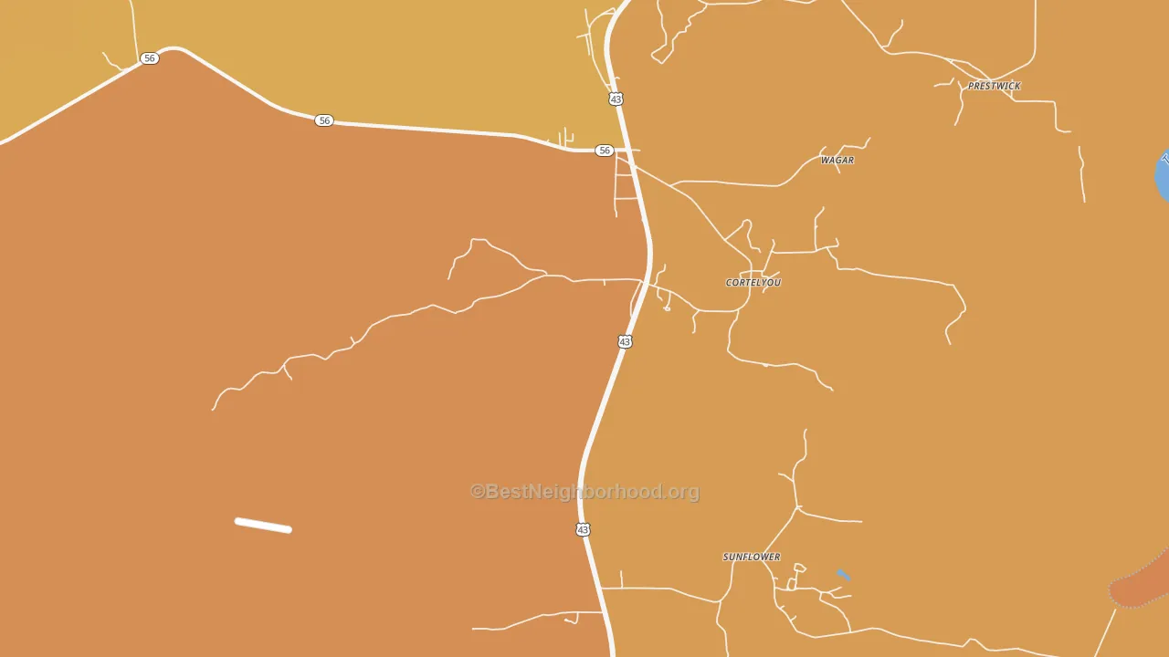 Map of the best neighborhoods in the 36585 area, with better matches in green and worse matches in red