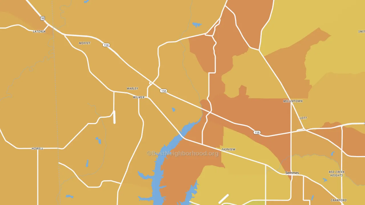 Map of the best neighborhoods in the 36587 area, with better matches in green and worse matches in red