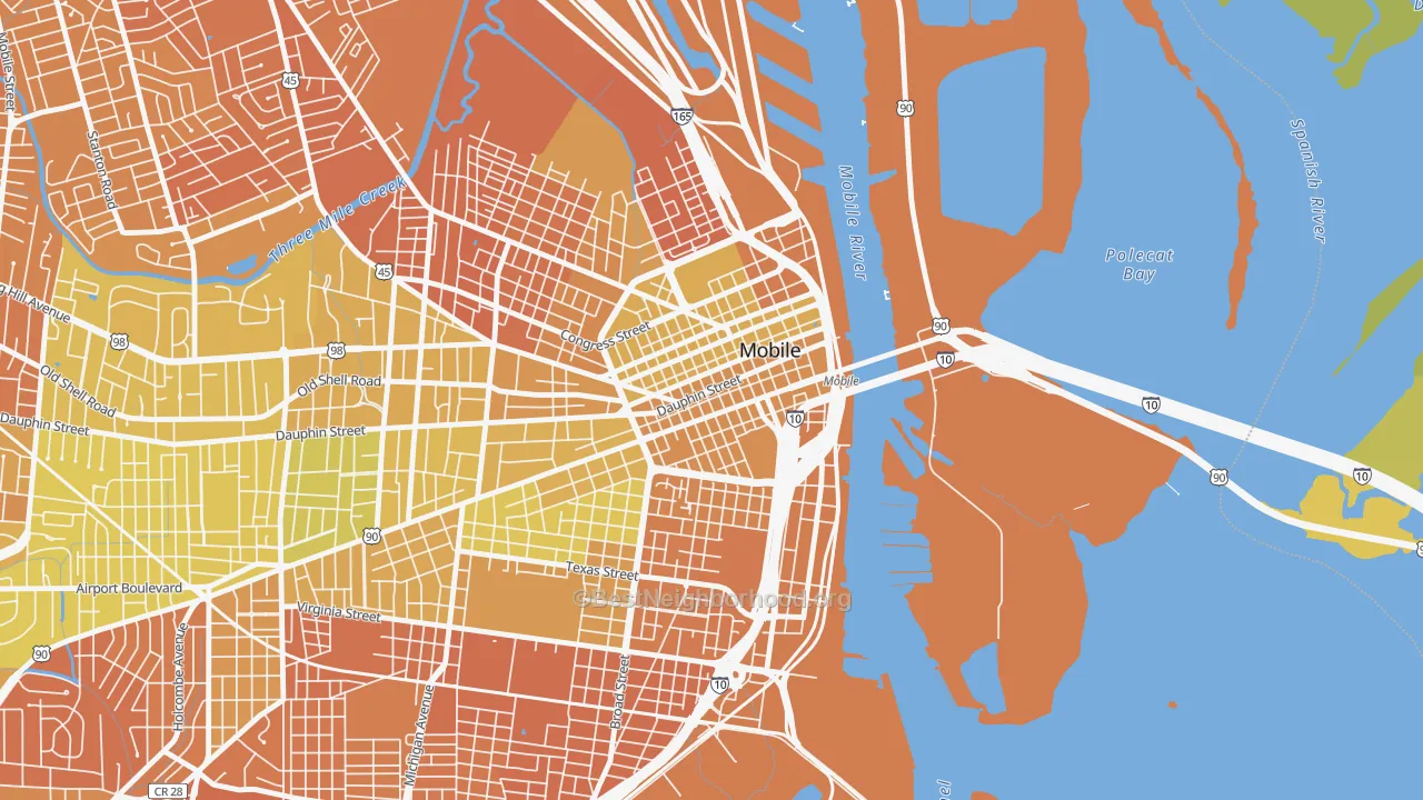 Map of the best neighborhoods in the 36602 area, with better matches in green and worse matches in red