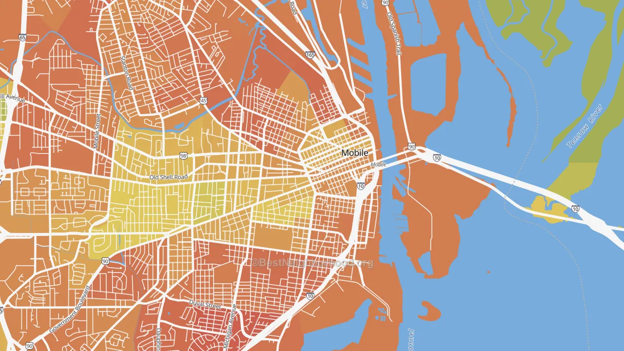 Map of the best neighborhoods in the 36603 area, with better matches in green and worse matches in red