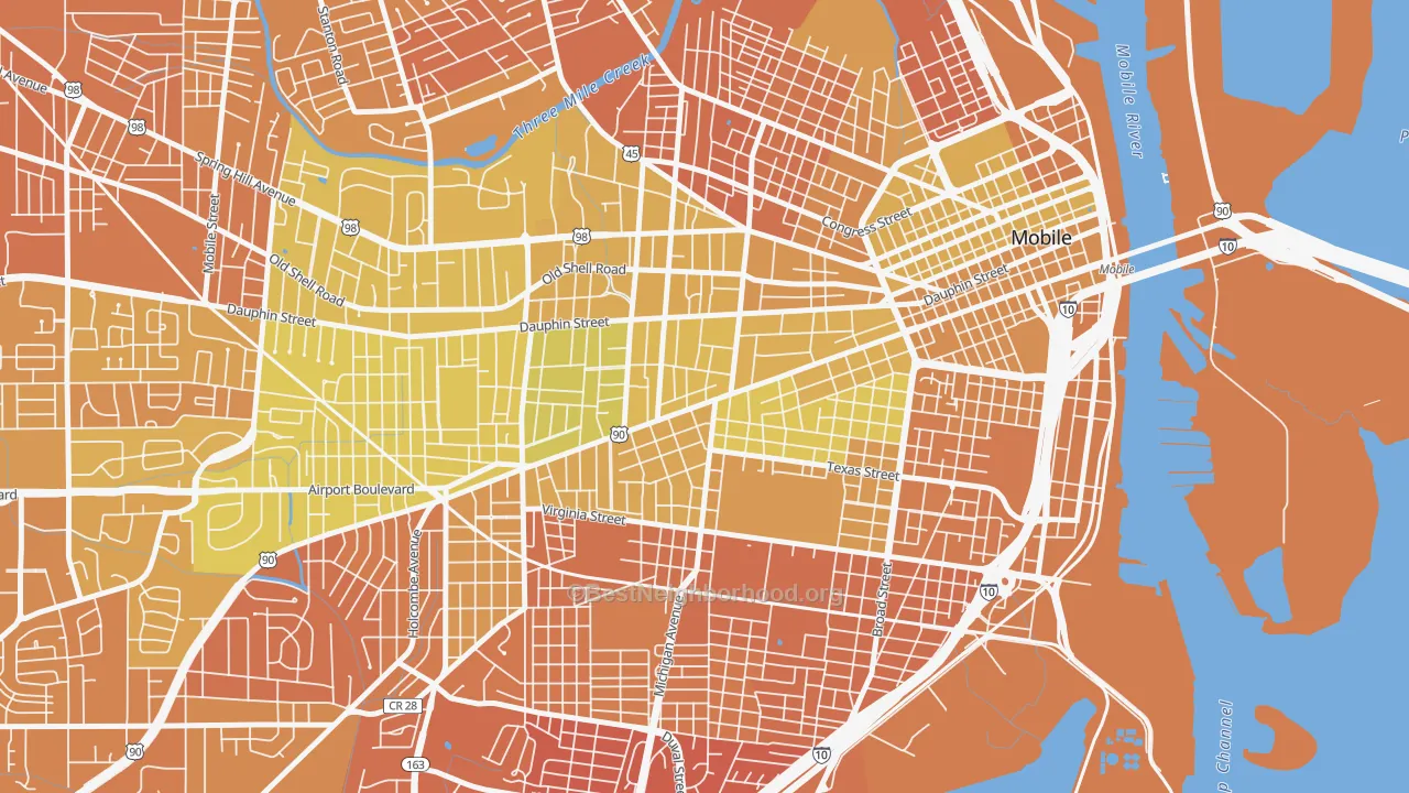 Map of the best neighborhoods in the 36604 area, with better matches in green and worse matches in red