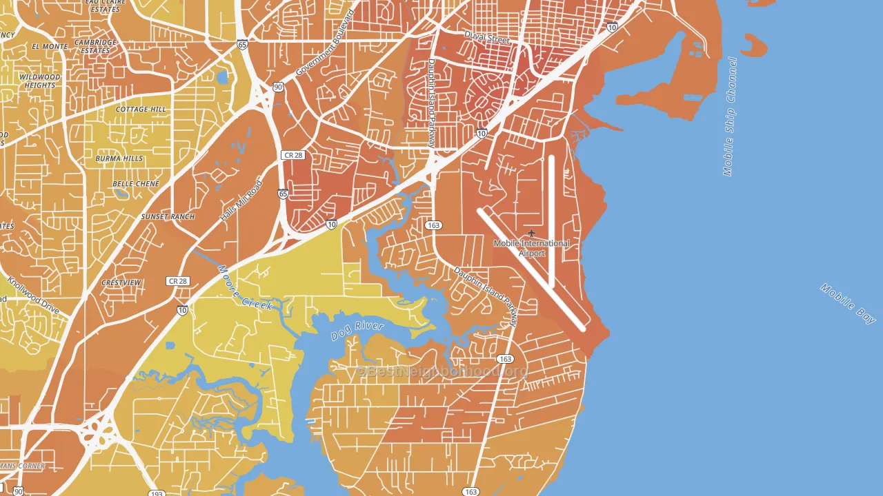 Map of the best neighborhoods in the 36605 area, with better matches in green and worse matches in red