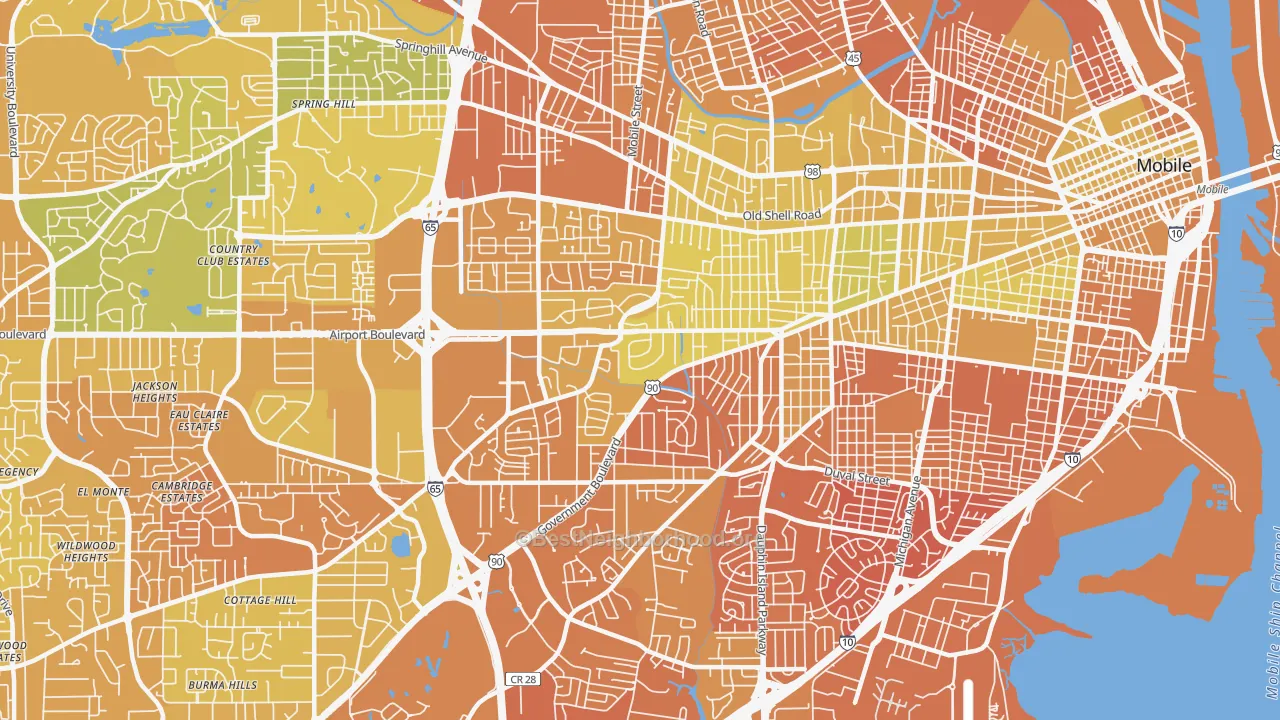 Map of the best neighborhoods in the 36606 area, with better matches in green and worse matches in red
