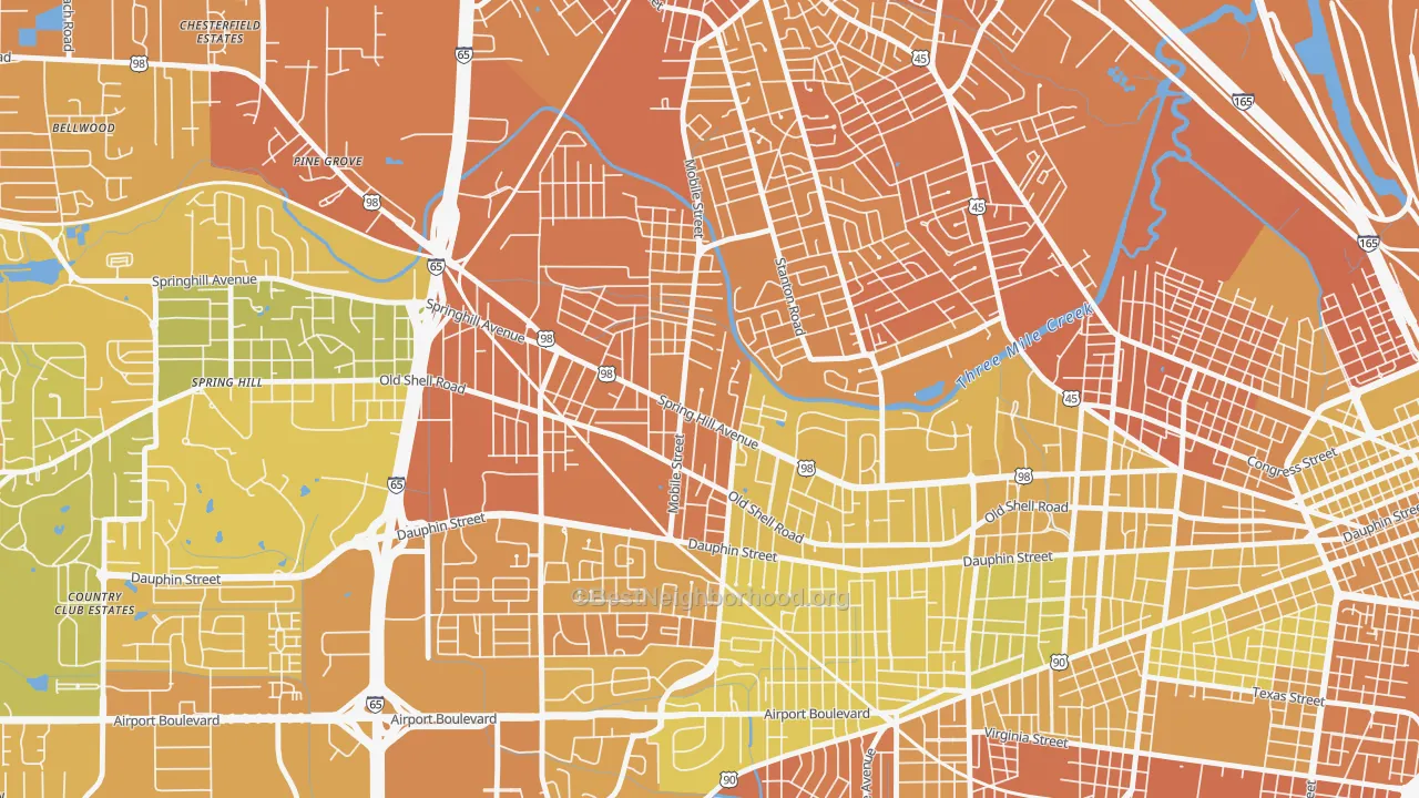 Map of the best neighborhoods in the 36607 area, with better matches in green and worse matches in red