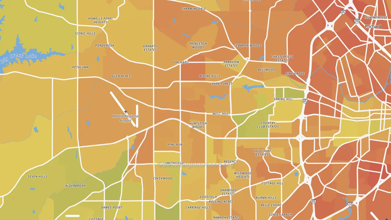 Map of the best neighborhoods in the 36608 area, with better matches in green and worse matches in red