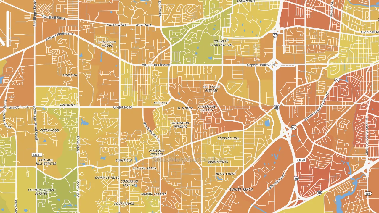 Map of the best neighborhoods in the 36609 area, with better matches in green and worse matches in red