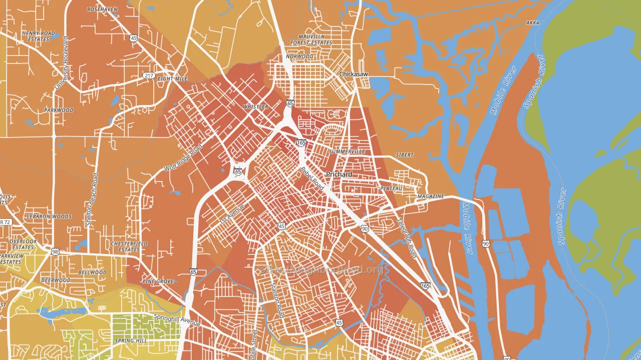 Map of the best neighborhoods in the 36610 area, with better matches in green and worse matches in red