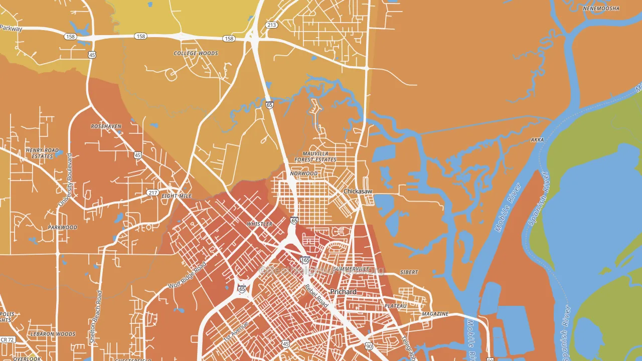 Map of the best neighborhoods in the 36611 area, with better matches in green and worse matches in red
