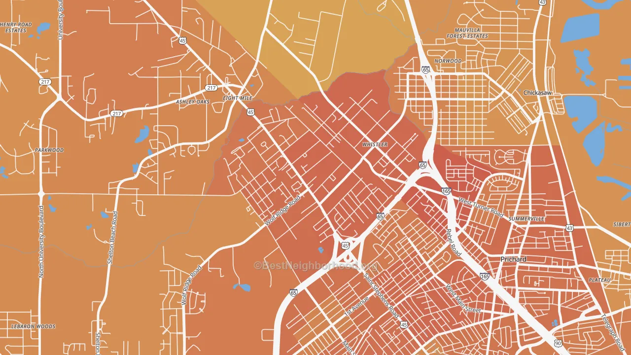 Map of the best neighborhoods in the 36612 area, with better matches in green and worse matches in red