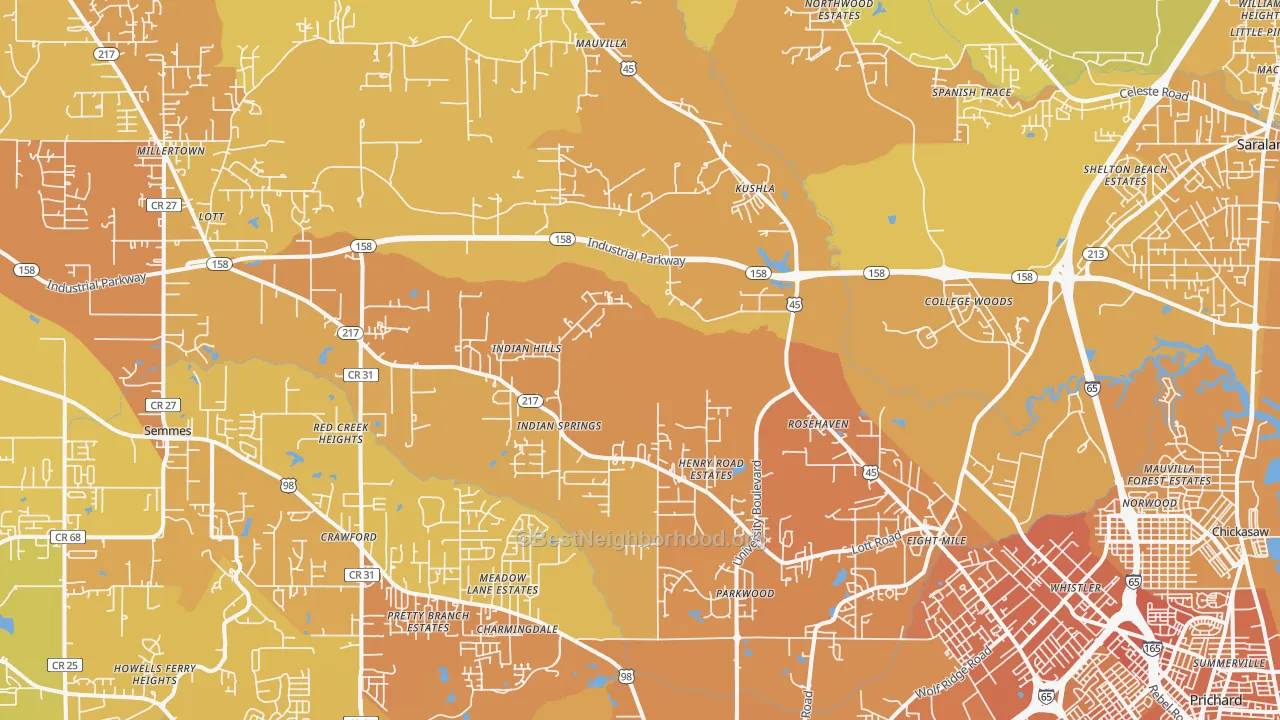 Map of the best neighborhoods in the 36613 area, with better matches in green and worse matches in red