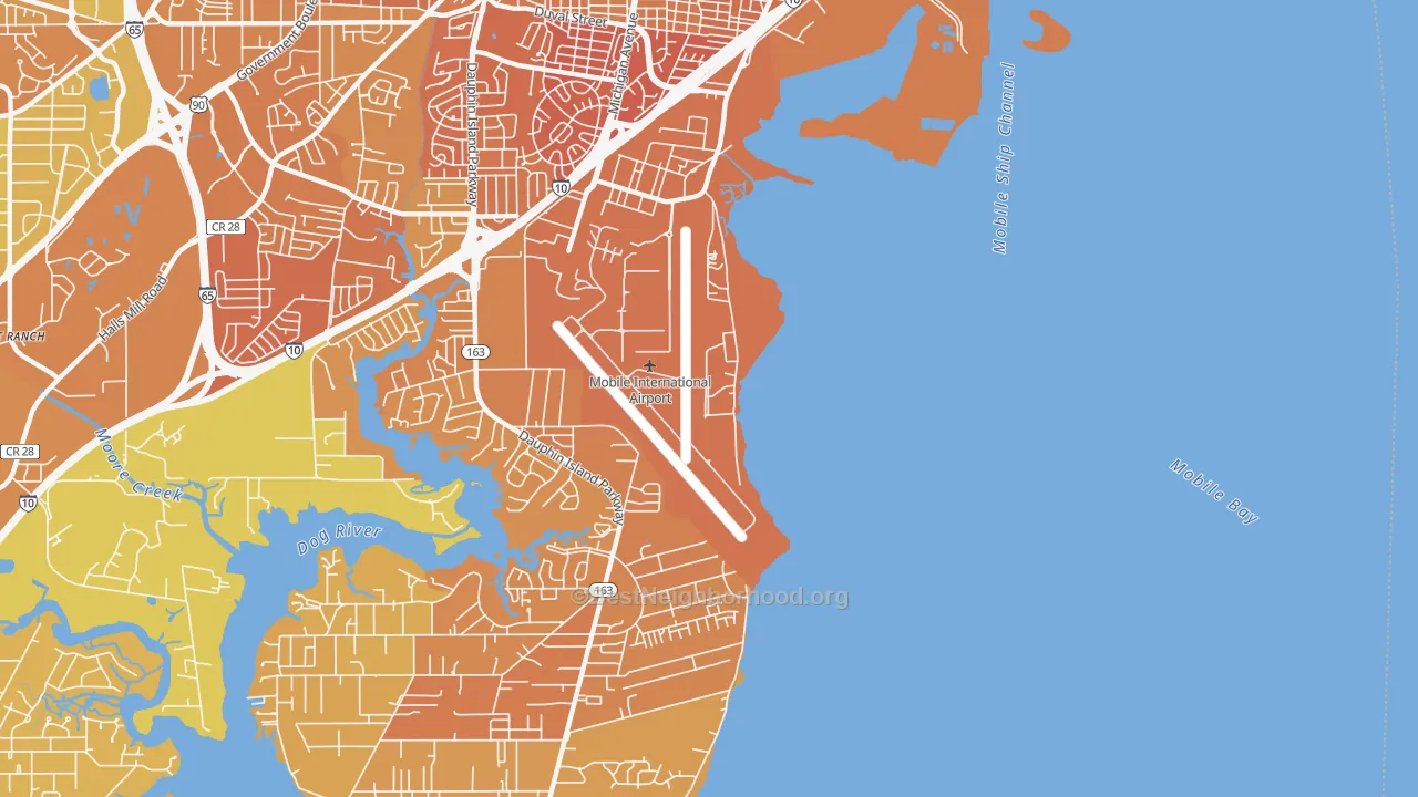 Map of the best neighborhoods in the 36615 area, with better matches in green and worse matches in red