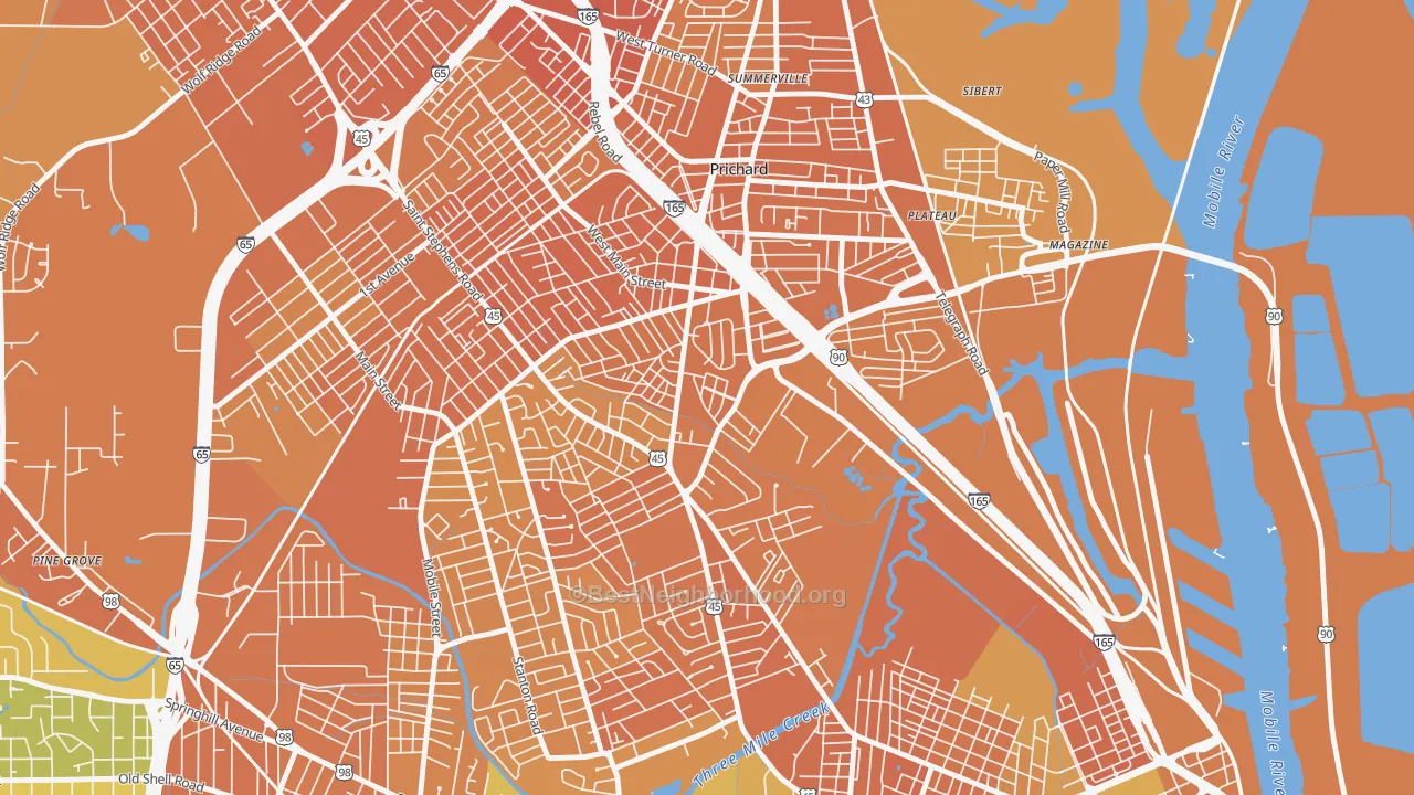 Map of the best neighborhoods in the 36616 area, with better matches in green and worse matches in red