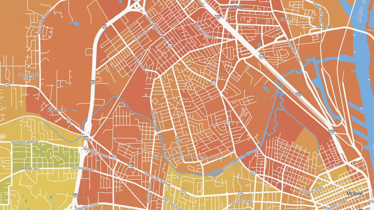 Map of the best neighborhoods in the 36617 area, with better matches in green and worse matches in red