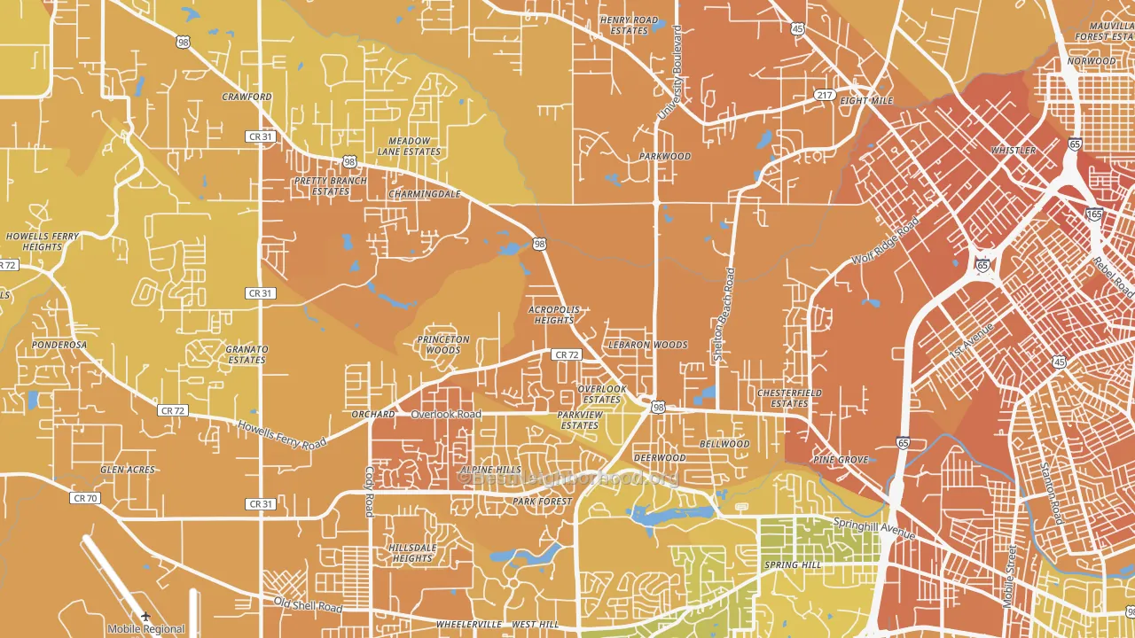 Map of the best neighborhoods in the 36618 area, with better matches in green and worse matches in red
